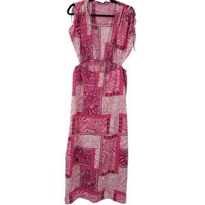Zara Patchwork Dress Women Pink Large Maxi Short Sleeve V-Neck New